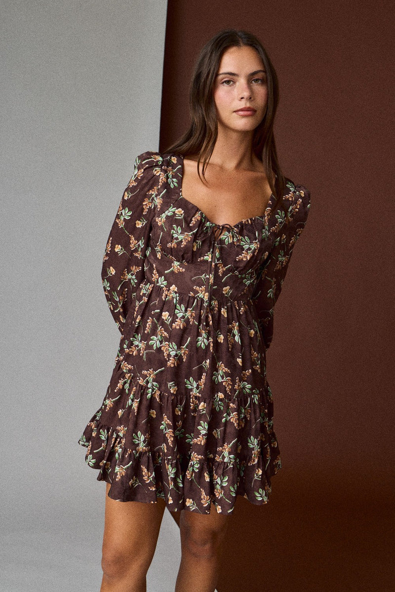 Tiff Floral Mini Dress, Brown L / Brown Tiff Floral Mini Dress, Brown L / Brown