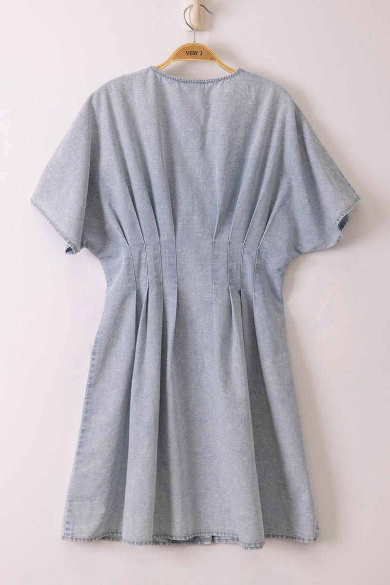 short sleeve chambray dress Bali Beach Party deep hip pockets Willow Cap Sleeve Chambray Belted