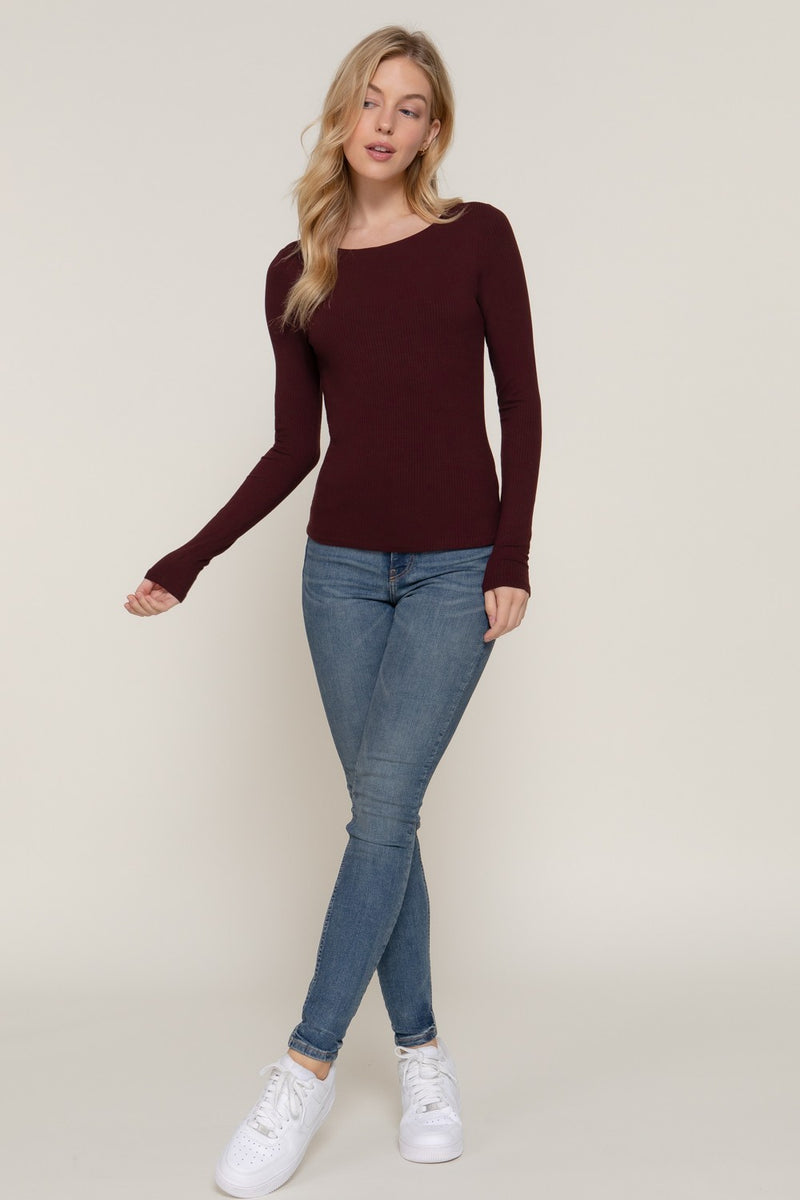 Elowyn Double Layer Rib Knit Tee, Maroon