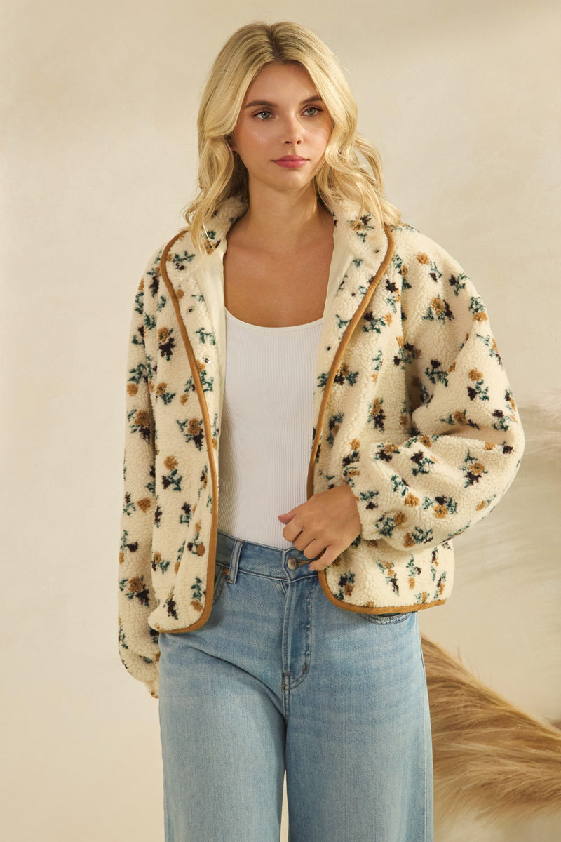 Flora Printed Sherpa Jacket, Brown
