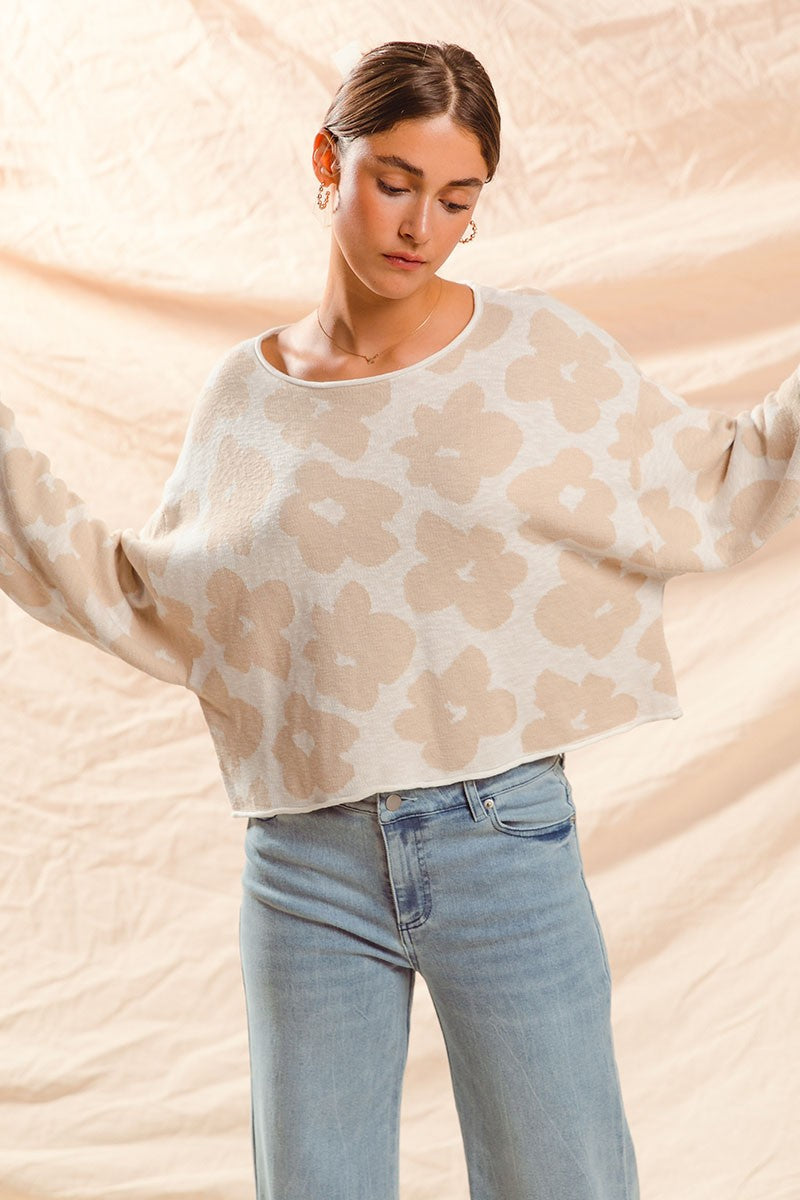 Shiloh Loose Fit Flower Sweater, Oatmeal/Ivory