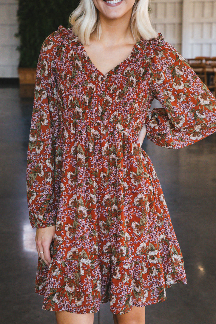 Myra Floral Smocked Bodice Dress, Rust