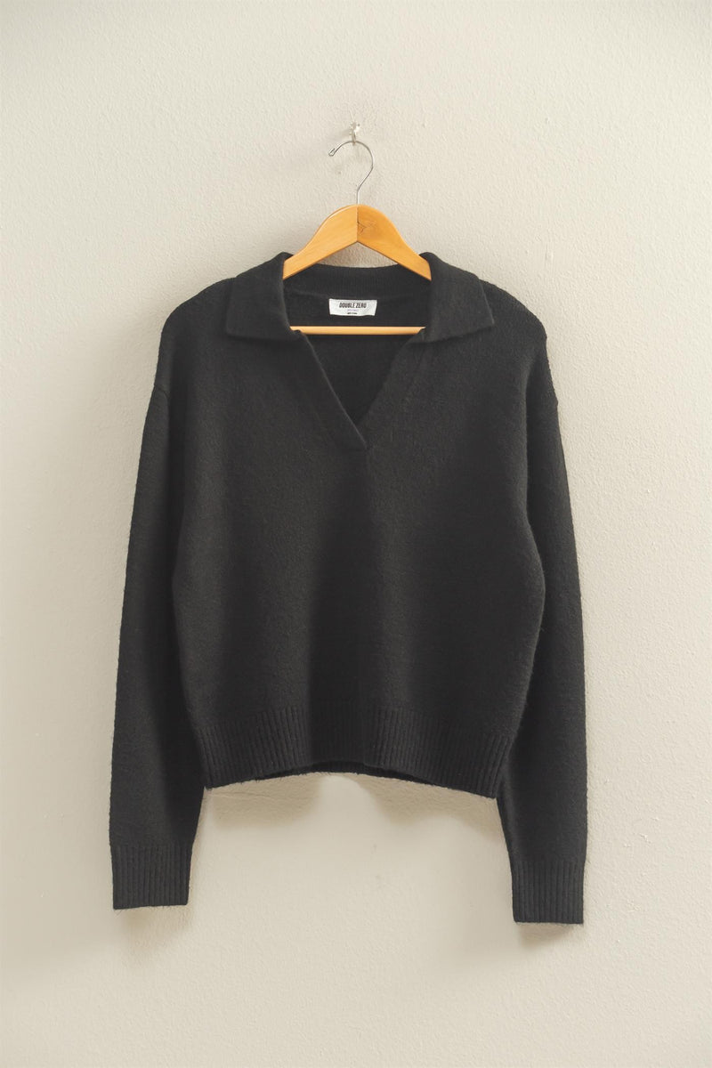 Luna Collared V-Neck Sweater, Black