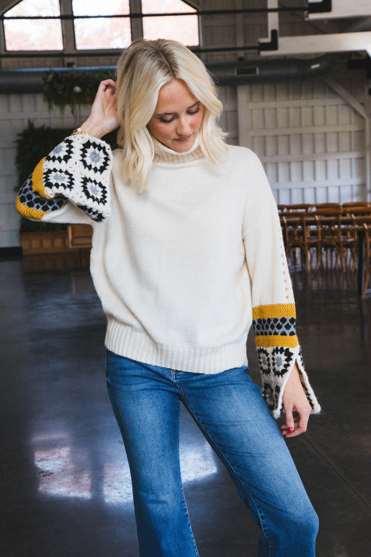 Lina Crochet Sleeve Turtleneck Sweater, Ivory