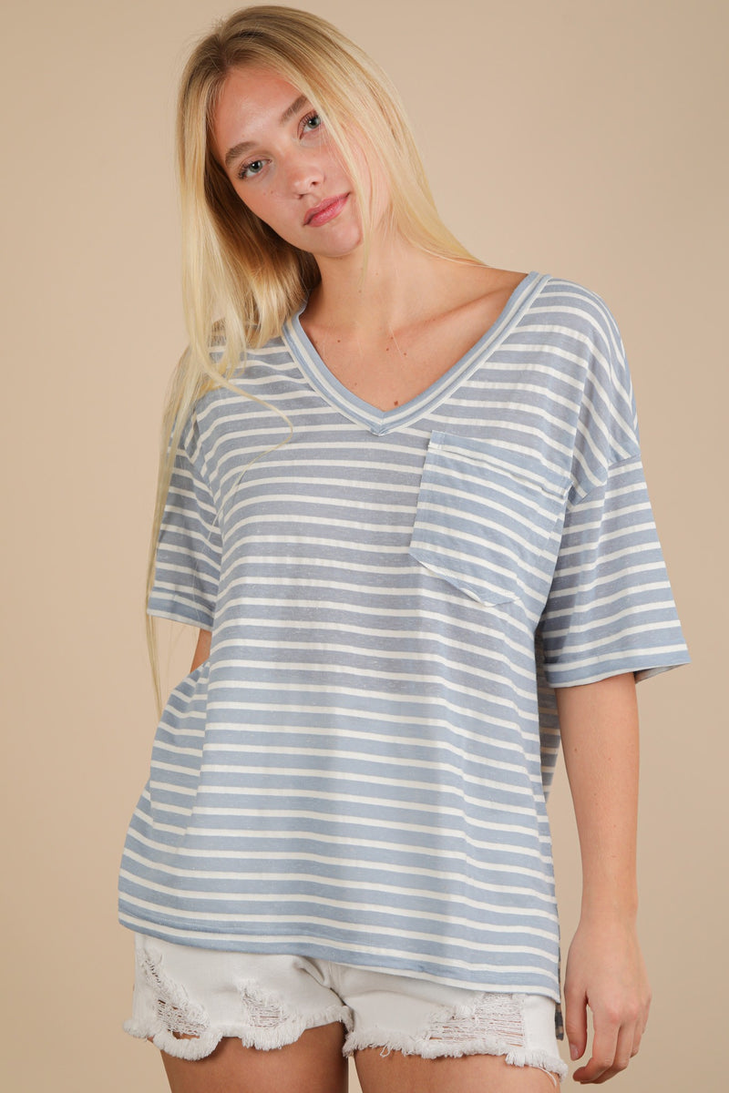 Tiana Raw Edge Striped Top, Sky