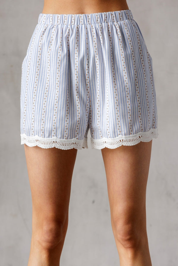 Sofia Floral Pinstripe Lace Hem Shorts, Blue/White/Orange