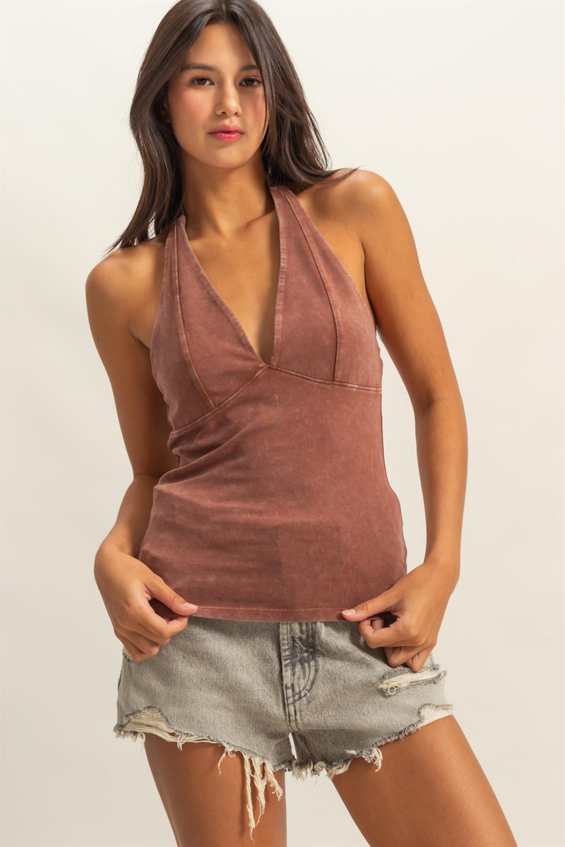 Kaeli Halter Neck Bust Seam Top, Chestnut