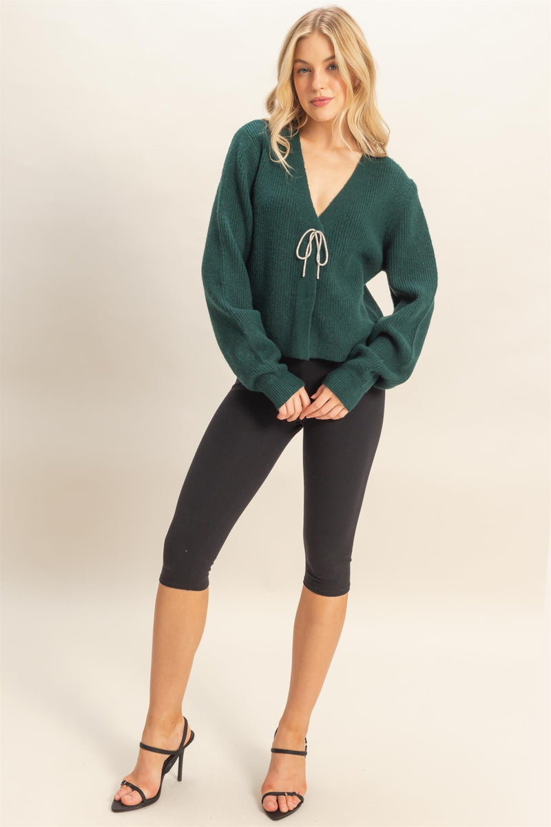 Marie Sparkly Bow Cardigan, Dark Green