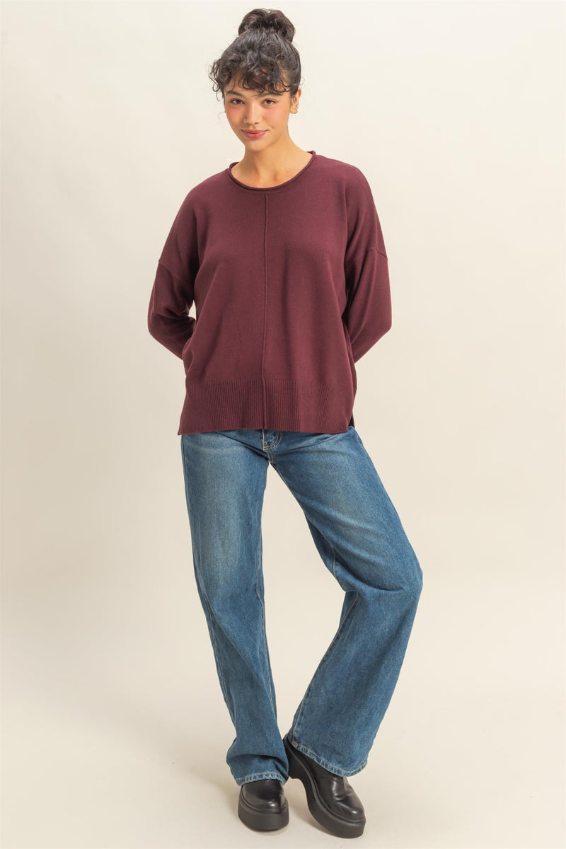 Kenzie Roll Neck Seam Front Sweater, Dark Cherry