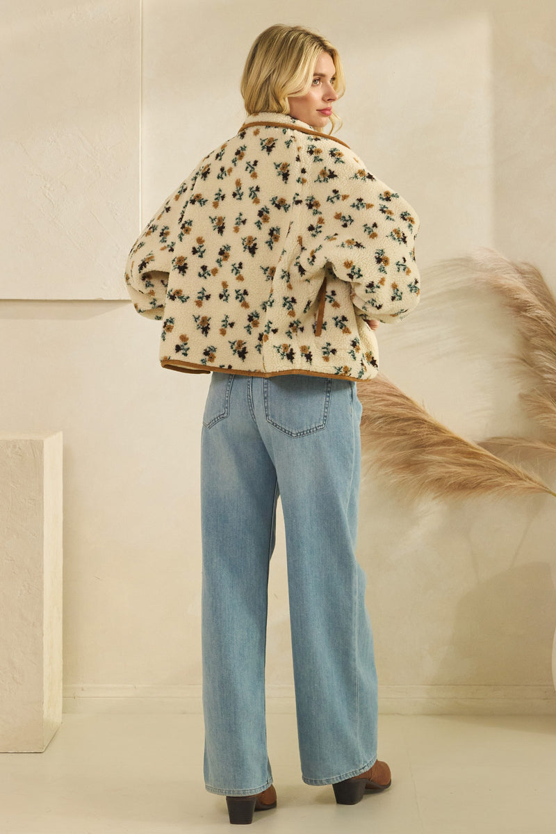 Flora Printed Sherpa Jacket, Brown