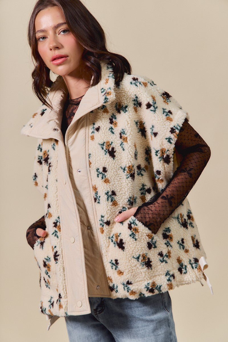 Naomi Floral Oversized Sherpa Vest, Ivory Multi