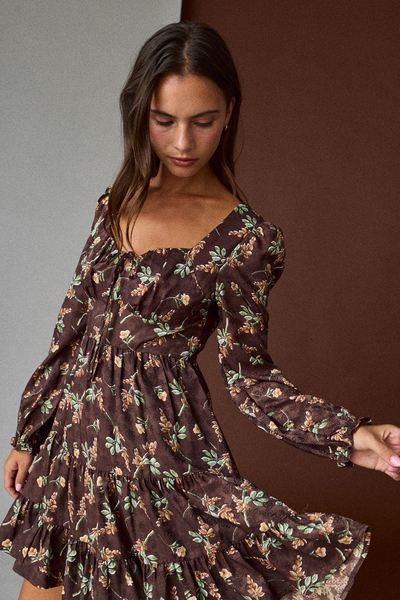 Tiff Floral Mini Dress, Brown L / Brown Tiff Floral Mini Dress, Brown L / Brown