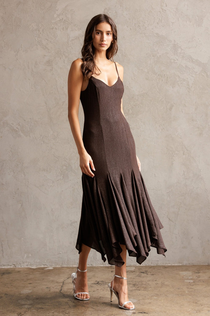 Phoebe Shimmering Asymmetric Hem Dress, Brown