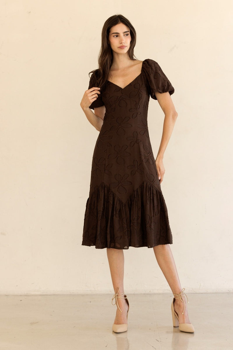 Ana Mesh Flower Midi Dress, Brown