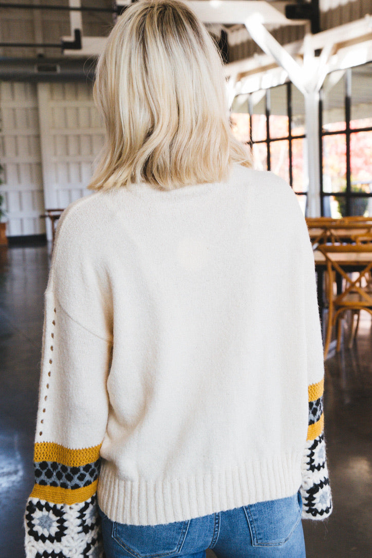 Lina Crochet Sleeve Turtleneck Sweater, Ivory