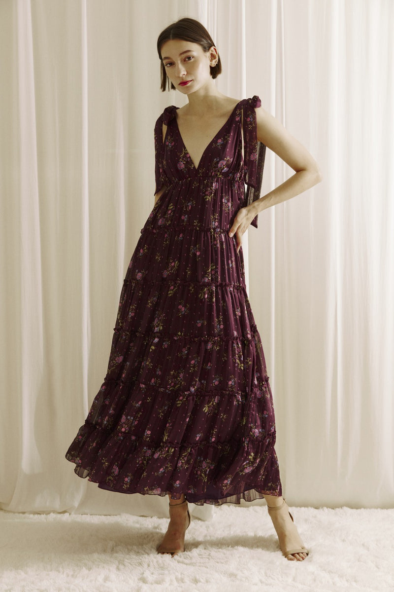Gigi Tie Strap Printed Maxi Dress, Plum Multi Floral