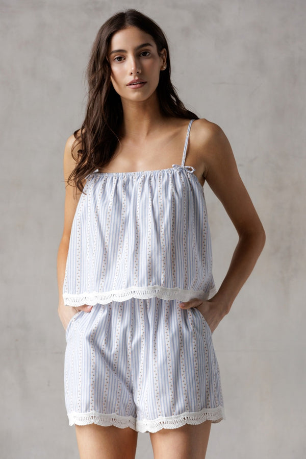 Sofia Floral Pinstripe Lace Hem Top, Blue/White/Orange