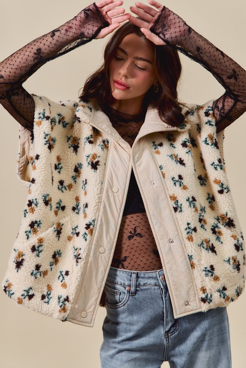 Naomi Floral Oversized Sherpa Vest, Ivory Multi