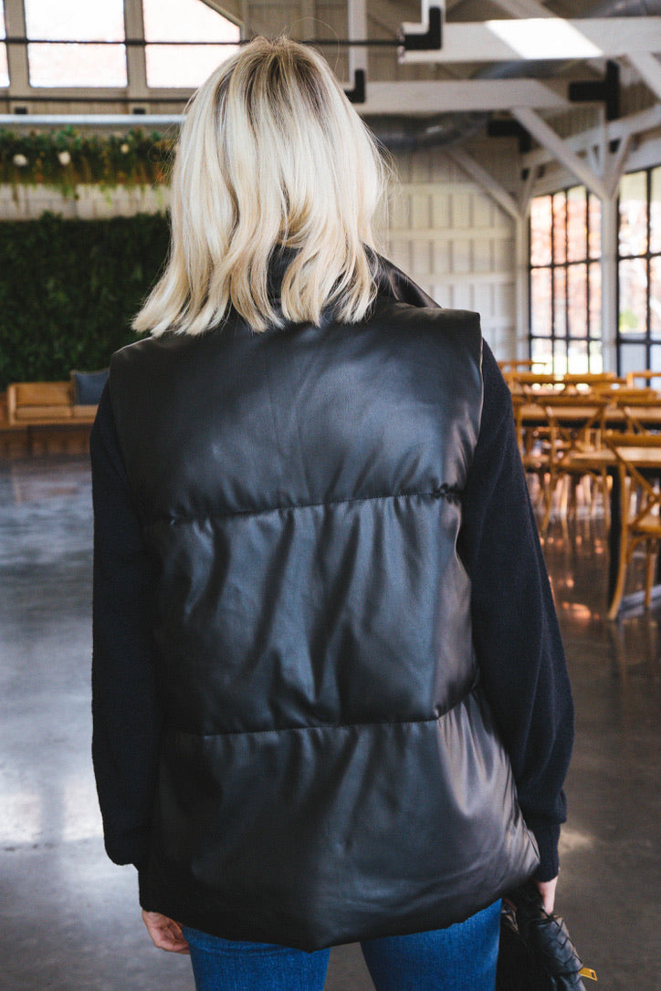 Madeline Faux Leather Full Length Puffer Vest, Black