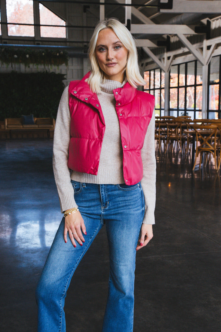 Vivian Faux Leather Cropped Puffer Vest, Fuchsia