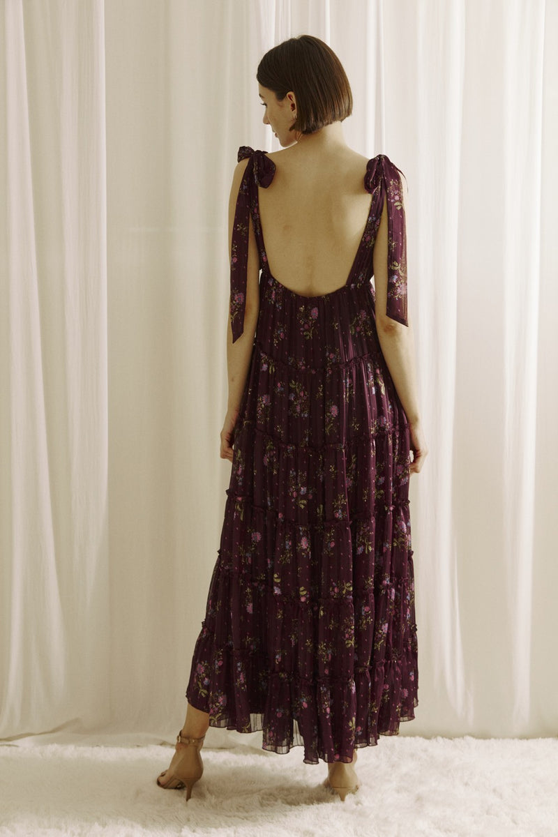 Gigi Tie Strap Printed Maxi Dress, Plum Multi Floral