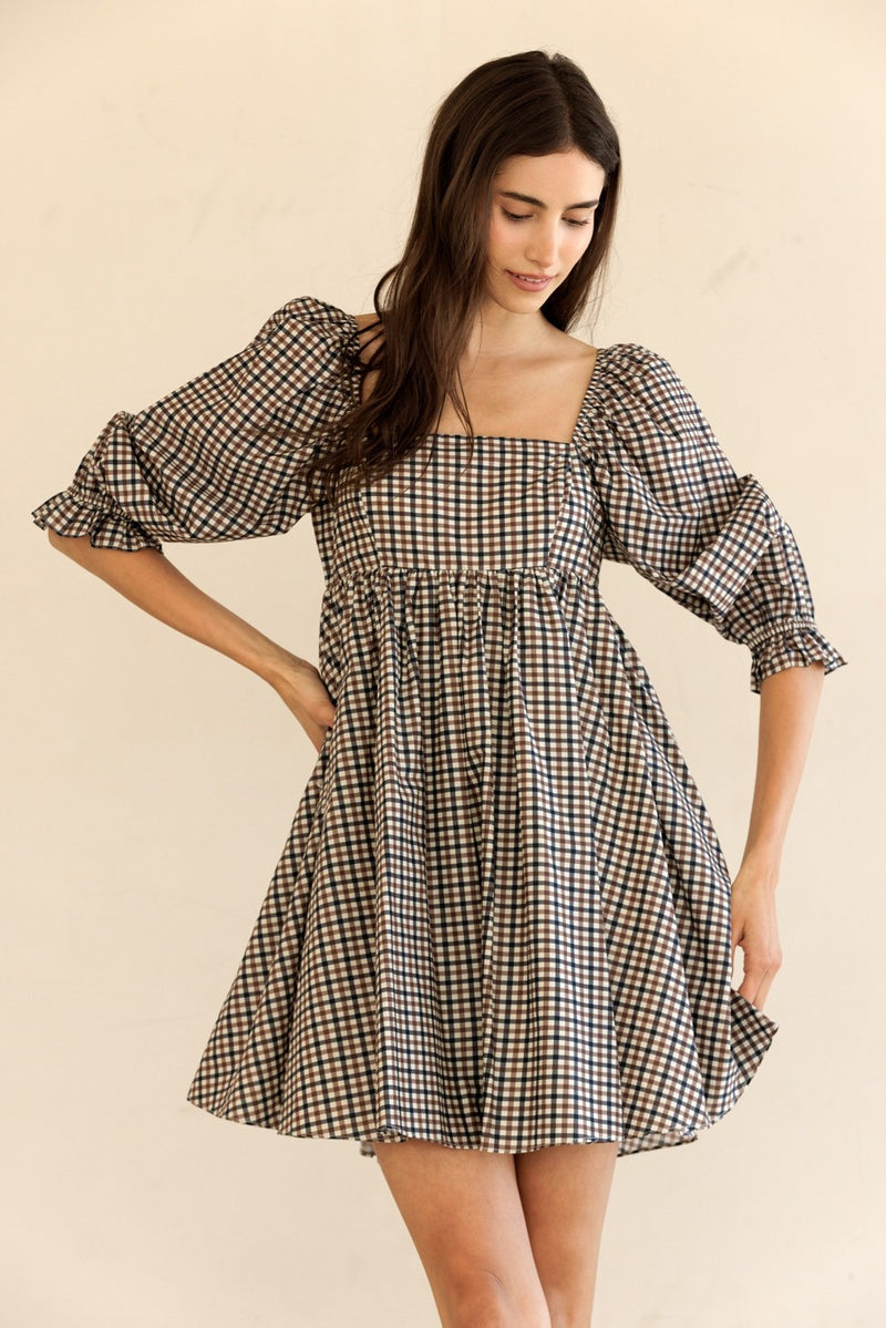Rumi Square Neck Plaid Mini Dress, Navy/Brown