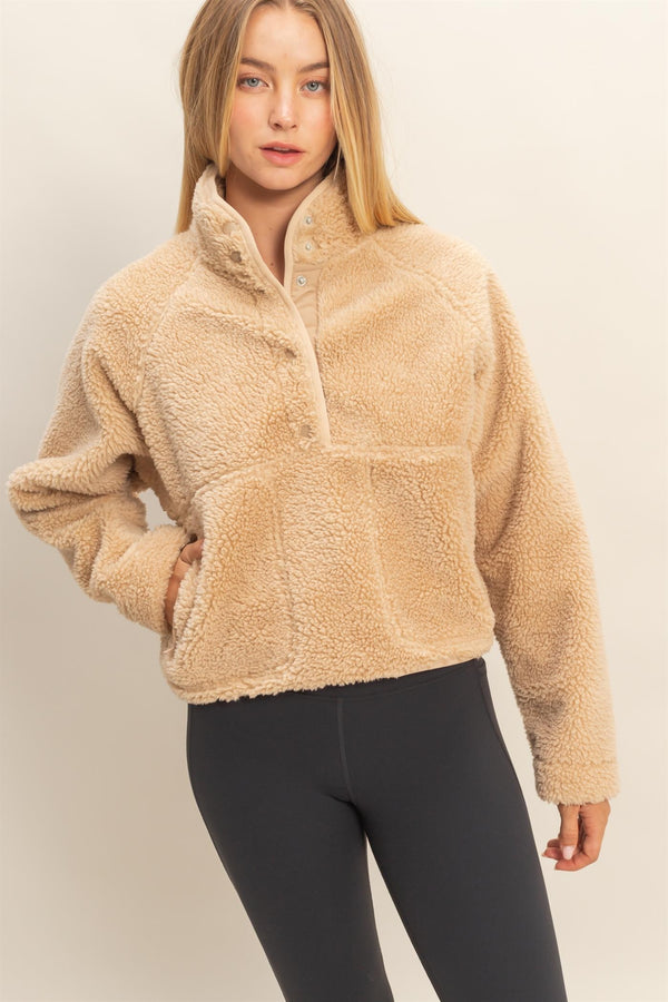 Aria Sherpa Button Neck Jacket, Beige