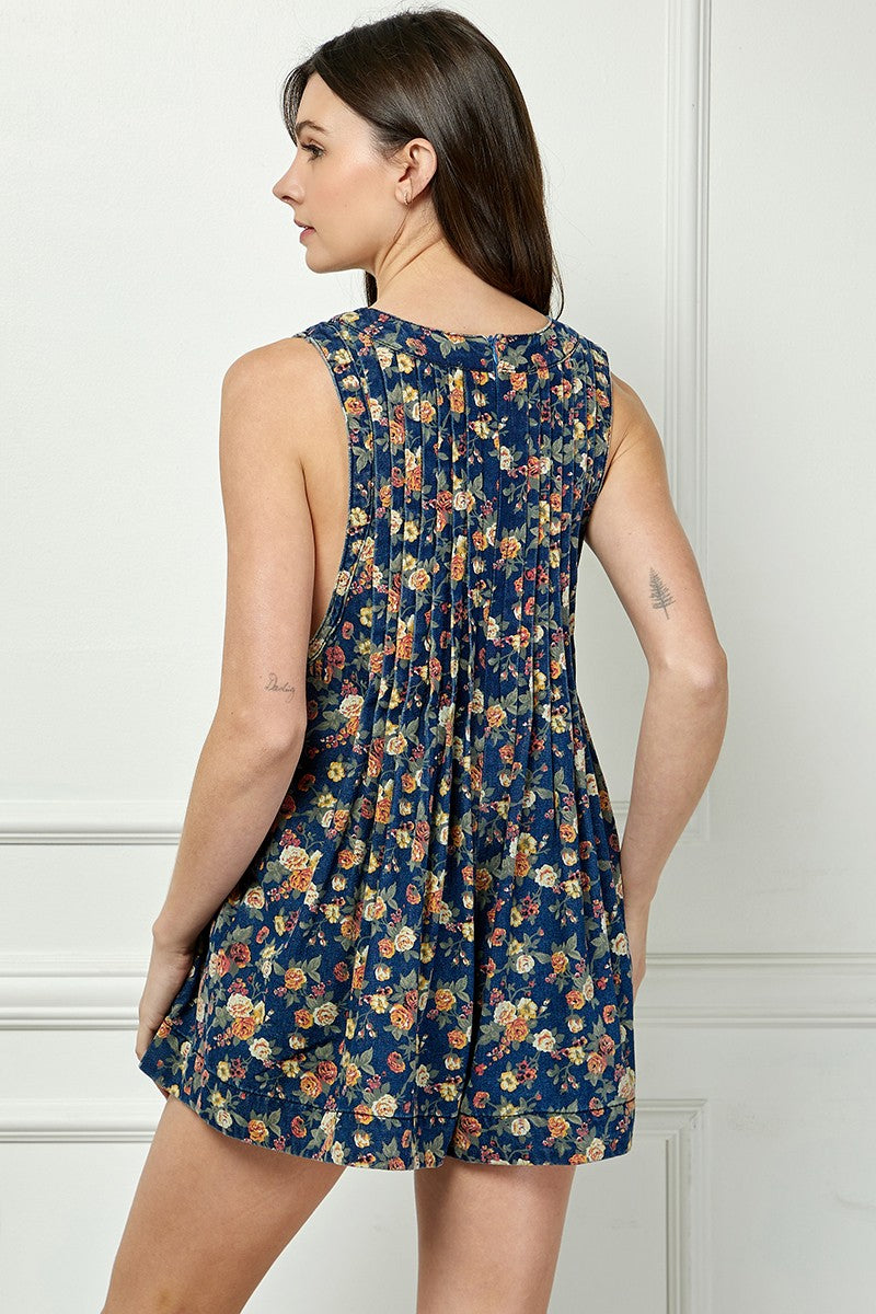 Celina Floral Pleated V-Neck Romper, Peach Combo