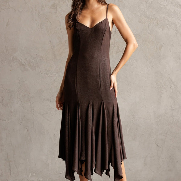 ★MEENDERI★ASYMMETRIC MESH DRESS - BROWN★正規品/直送料込 Phoebe Shimmering Asymmetric Hem Dress, Brown – North & Main
