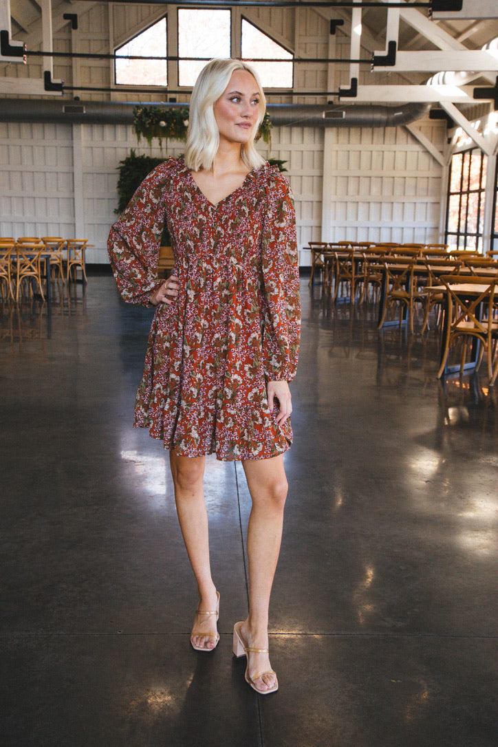 Myra Floral Smocked Bodice Dress, Rust