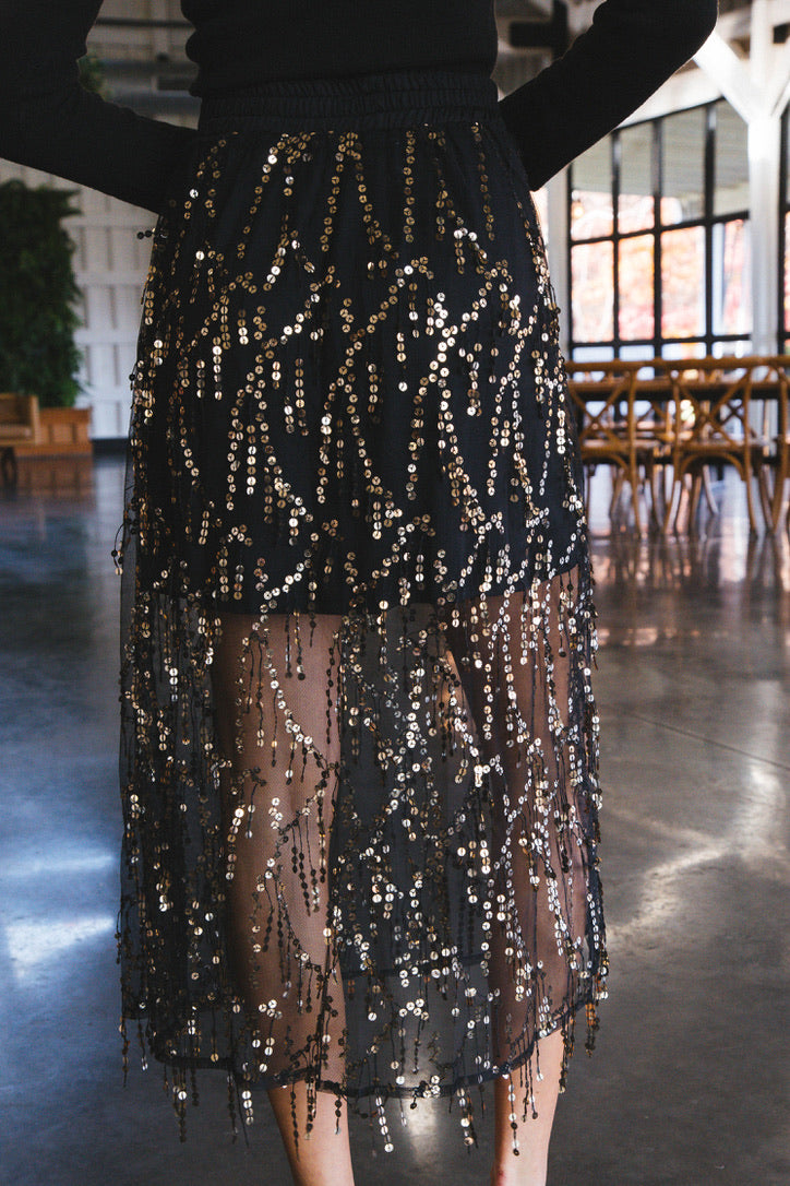 Reyna Sequin Mesh Midi Skirt, Black/Gold