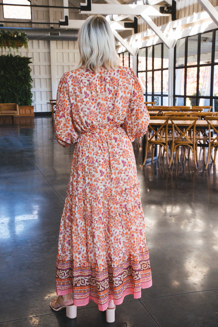 Lata Border Print Maxi Dress, Ivory/Orange