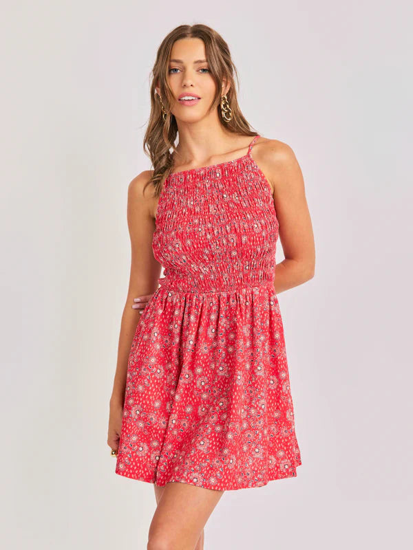 red multi dress Mac Duggal Brocade Floral Strapless A Line Midi Dress With Satin Bow, Womens, 14, Red Multi
