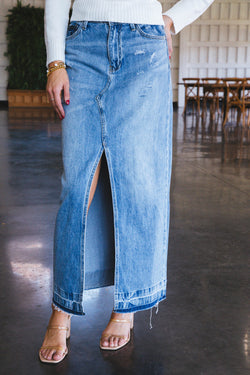 Opal Denim Front Slit Maxi Skirt, Denim