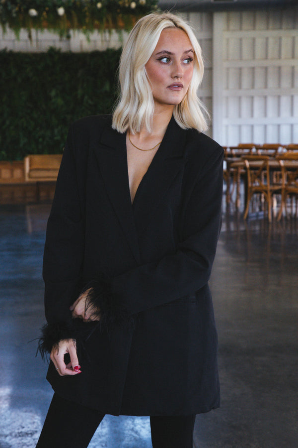 Audrey Feather Oversized Blazer, Black
