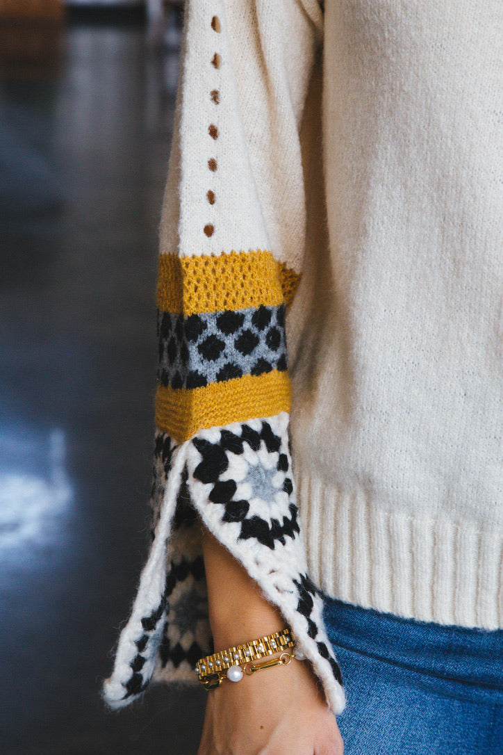 Lina Crochet Sleeve Turtleneck Sweater, Ivory