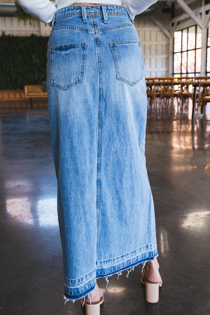 Opal Denim Front Slit Maxi Skirt, Denim