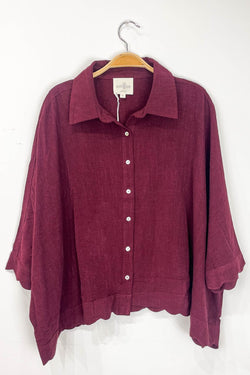 Caroline Linen Scallop Trim Blouse, Merlot