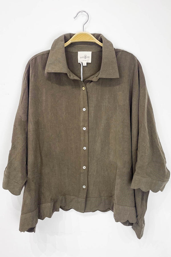 Caroline Linen Scallop Trim Blouse, Espresso