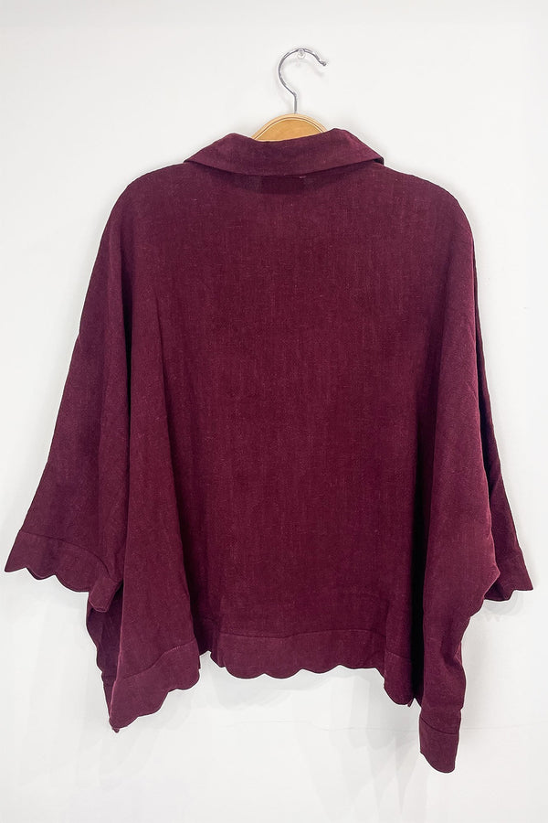 Caroline Linen Scallop Trim Blouse, Merlot