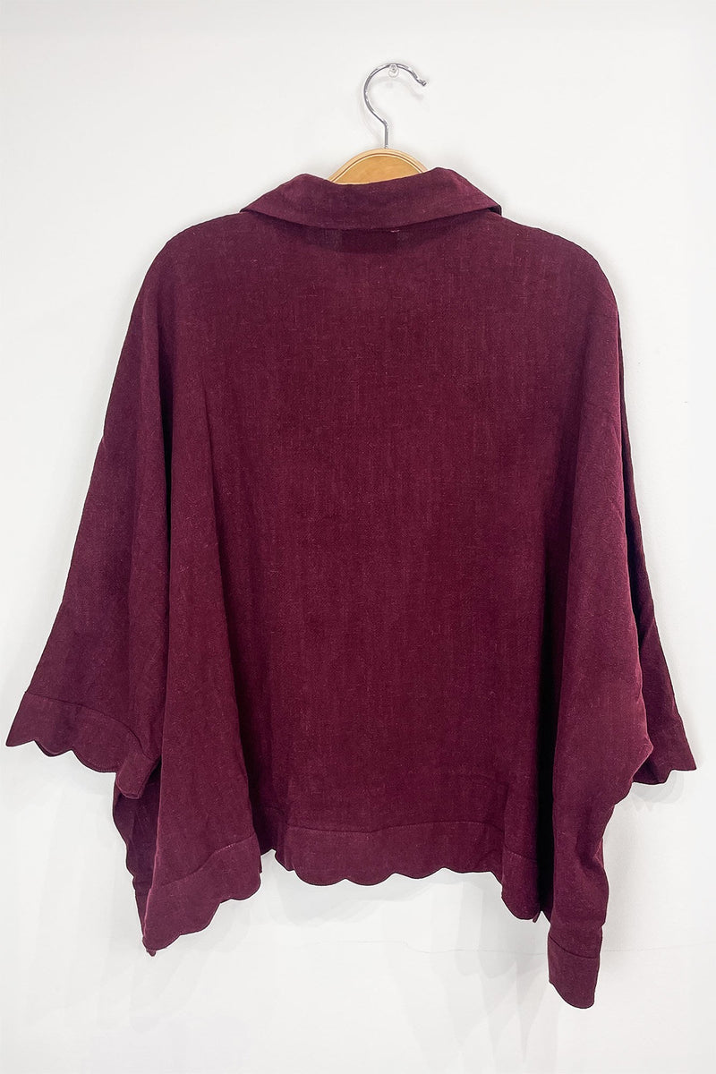 Caroline Linen Scallop Trim Blouse, Merlot
