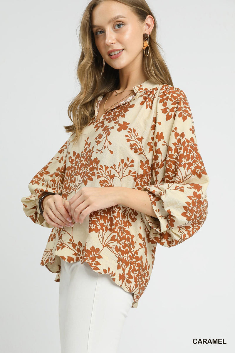Zorina Cherry Blossom Print Blouse, Caramel