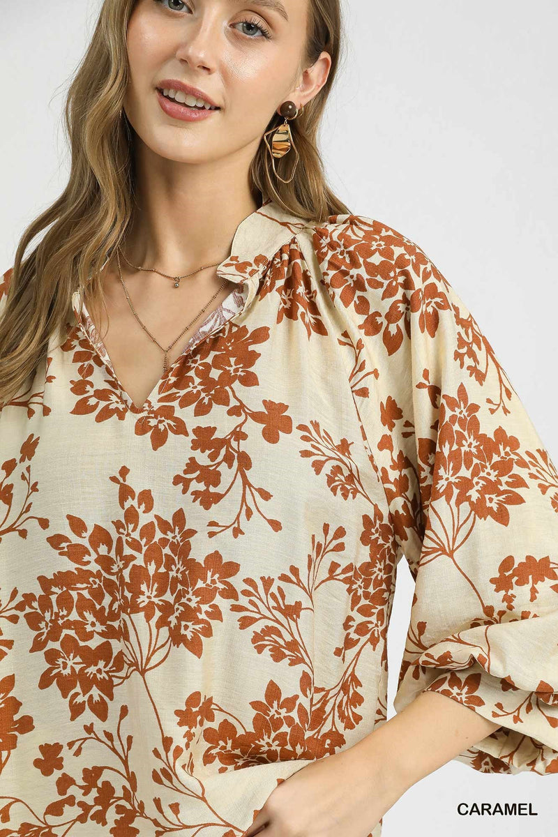 Zorina Cherry Blossom Print Blouse, Caramel