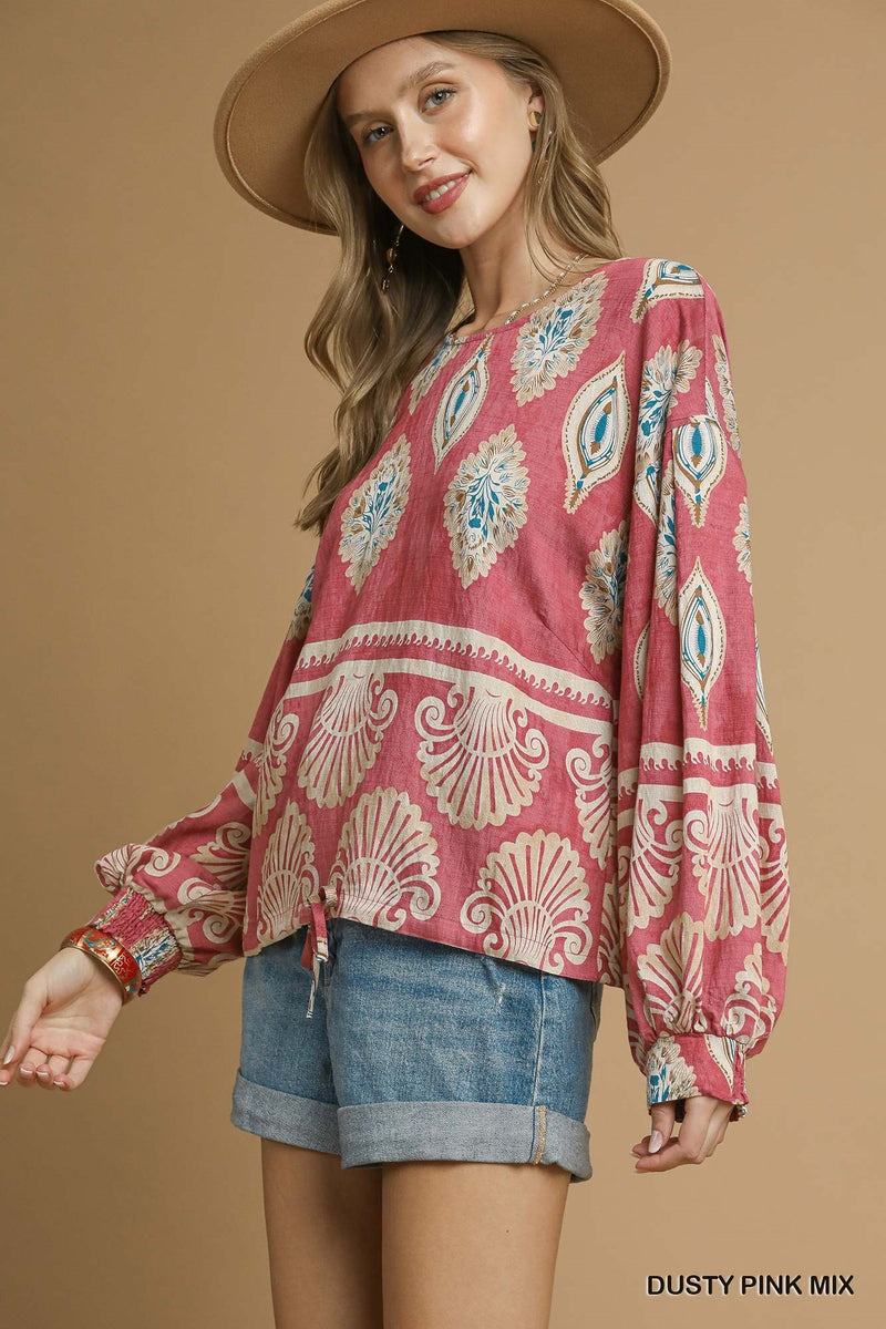 Kehlani Boho Print Blouse, Dusty Pink Mix