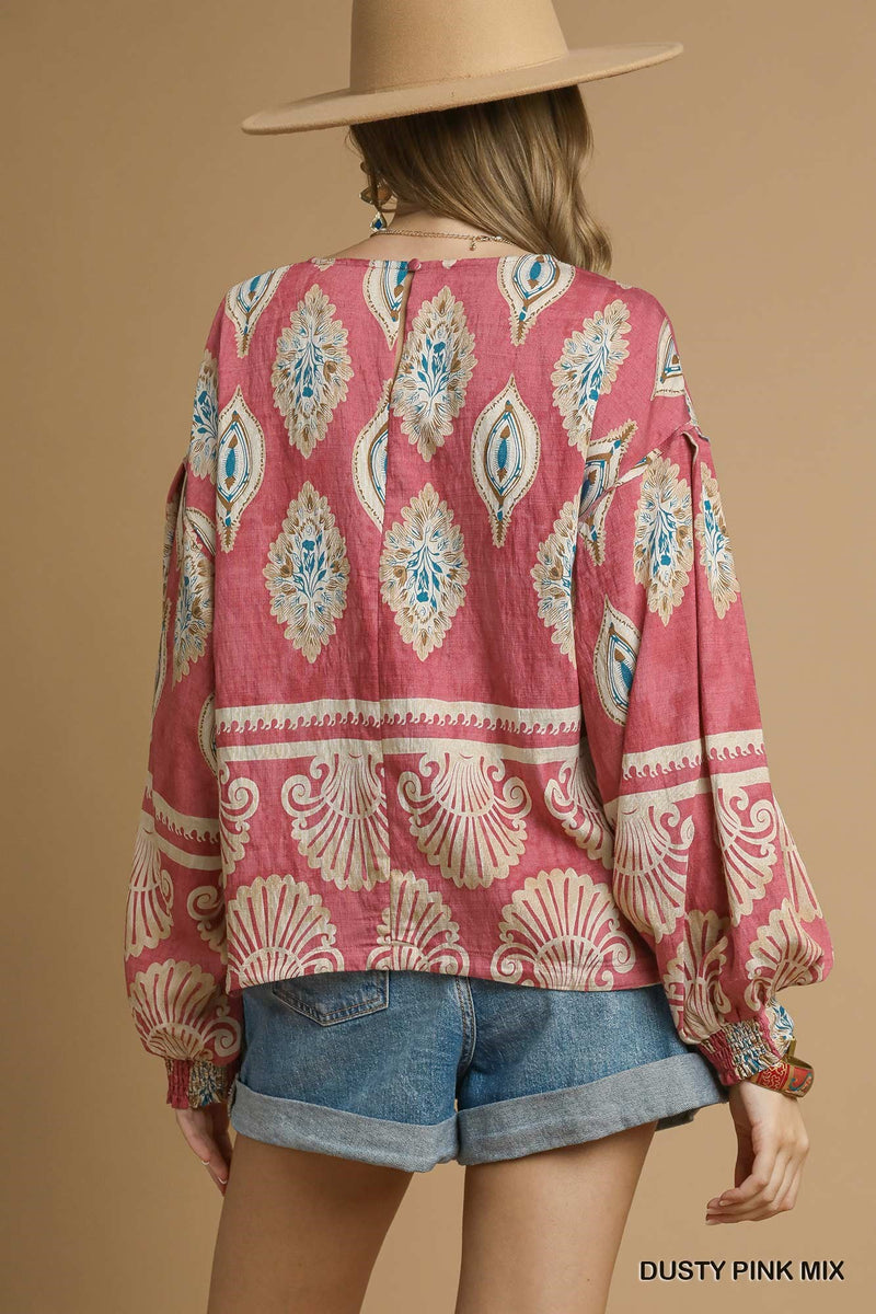 Kehlani Boho Print Blouse, Dusty Pink Mix