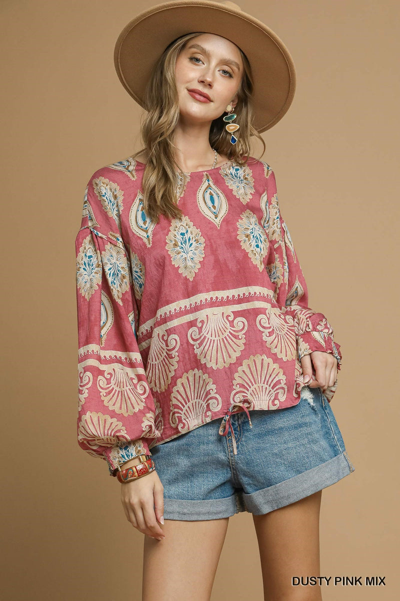 Kehlani Boho Print Blouse, Dusty Pink Mix