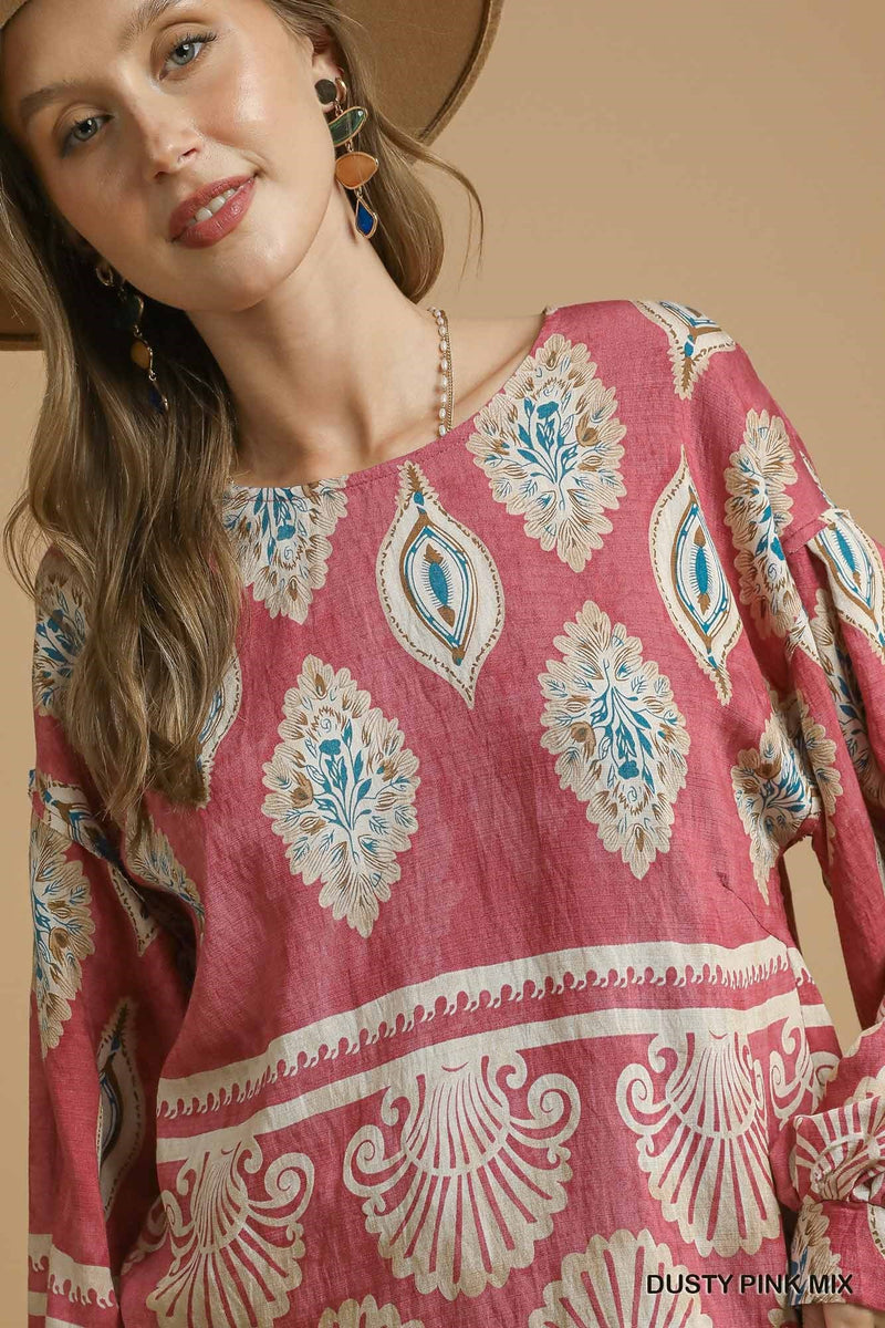 Kehlani Boho Print Blouse, Dusty Pink Mix