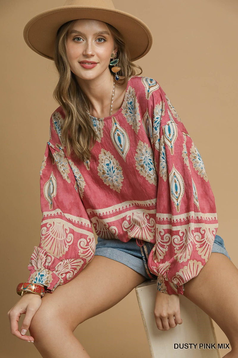 Kehlani Boho Print Blouse, Dusty Pink Mix