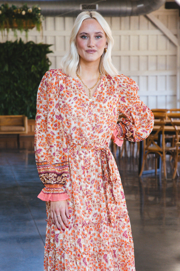 Lata Border Print Maxi Dress, Ivory/Orange