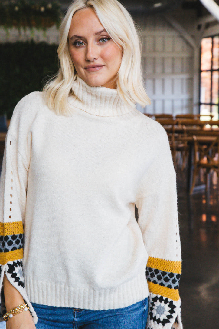 Lina Crochet Sleeve Turtleneck Sweater, Ivory